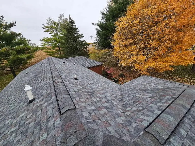 Overhead view of a multi-pitched roof with gray shingles, surrounded by trees with autumn foliage.