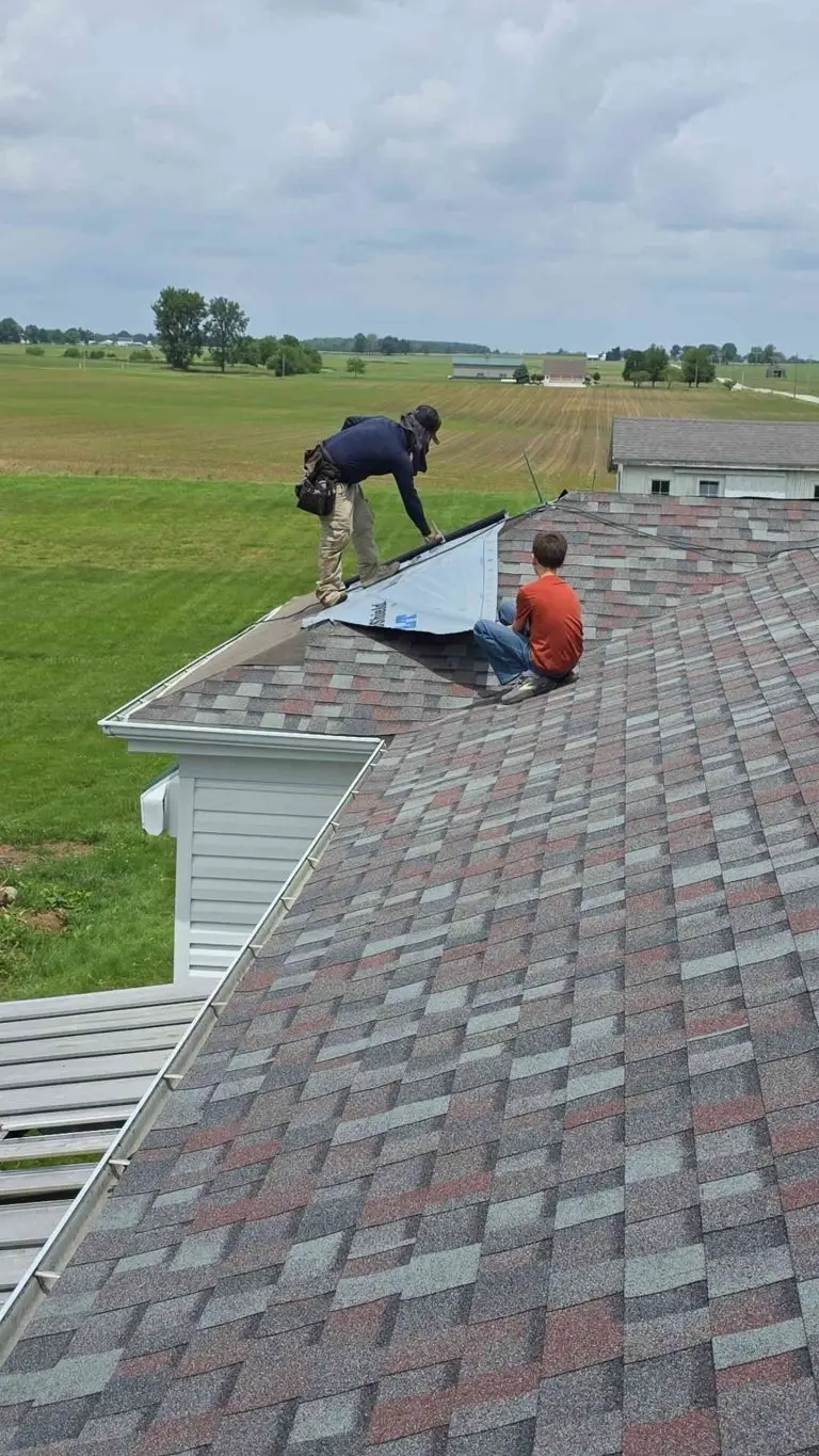 Two people working on a roof, one holding a piece of metal, against a rural backdrop.