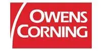 Owens Corning logo: White text on a red rectangular background. A curved white line appears in the upper left corner.